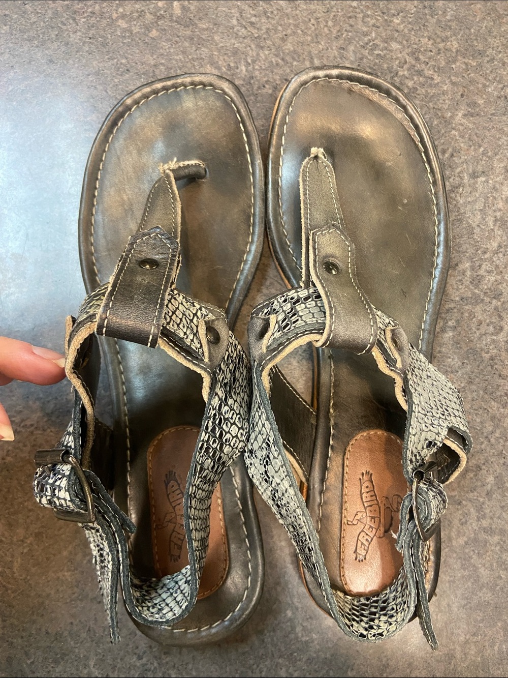 freebird Gray Leather Thong Sandals with Textured Straps
